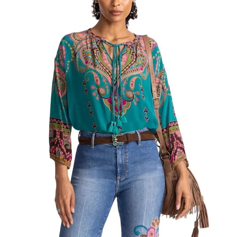 Johnny Was Teal Paisley Tie-Neck Blouse with Pink and Gold Accents - Picture 1 of 3